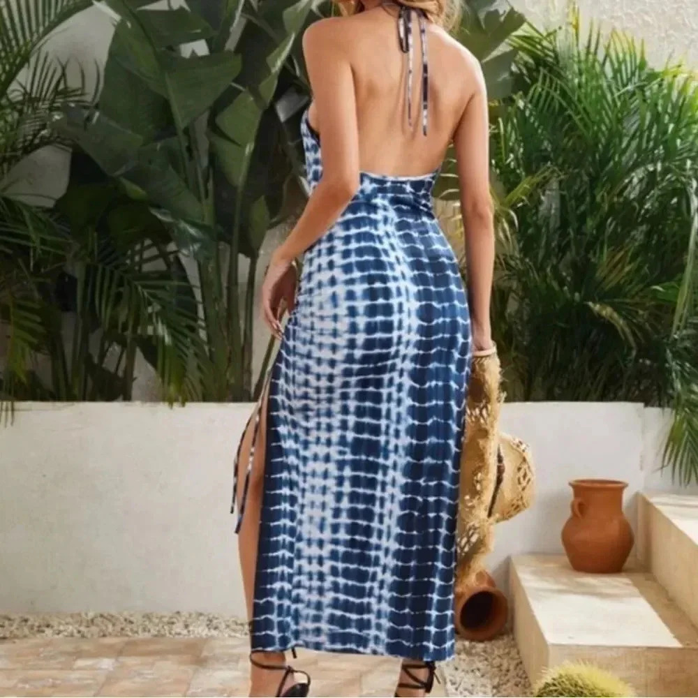 Tied Backless Drawstring Knot Split Thigh Tie Dye… - image 1